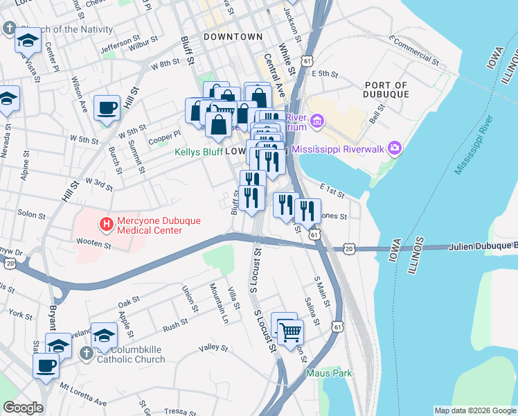 map of restaurants, bars, coffee shops, grocery stores, and more near 250-298 Harrison Street in Dubuque
