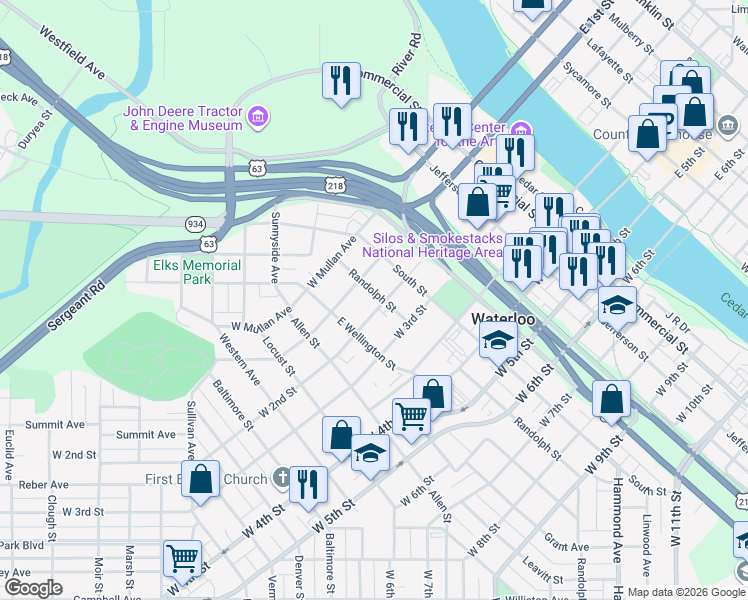 map of restaurants, bars, coffee shops, grocery stores, and more near 626 West 2nd Street in Waterloo
