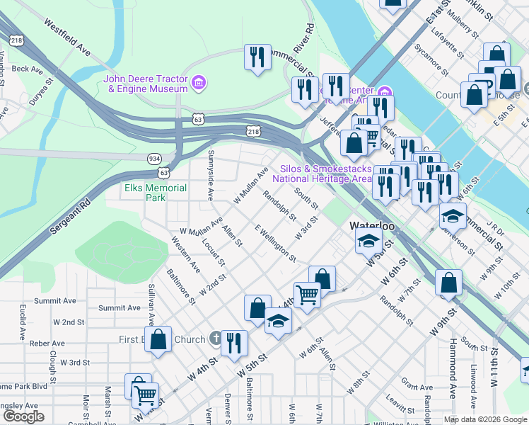 map of restaurants, bars, coffee shops, grocery stores, and more near 711 West 1st Street in Waterloo