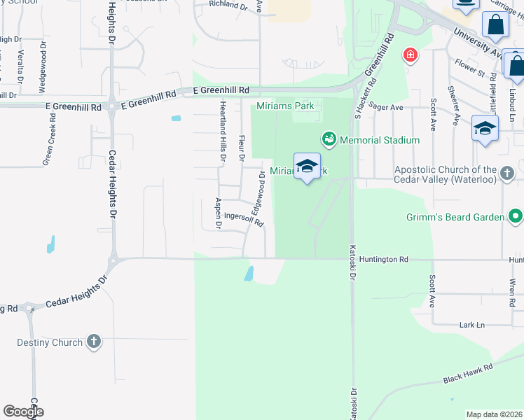 map of restaurants, bars, coffee shops, grocery stores, and more near 1309 Edgewood Dr in Waterloo