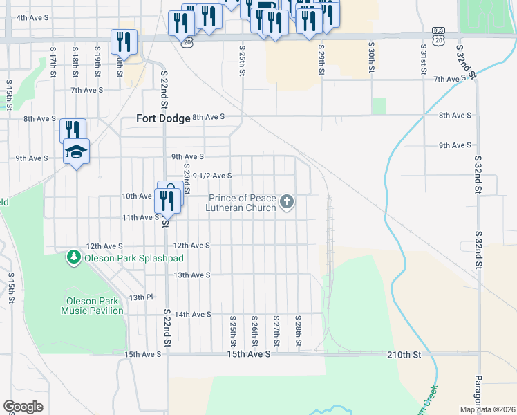 map of restaurants, bars, coffee shops, grocery stores, and more near 1000-1098 South 26th Street in Fort Dodge