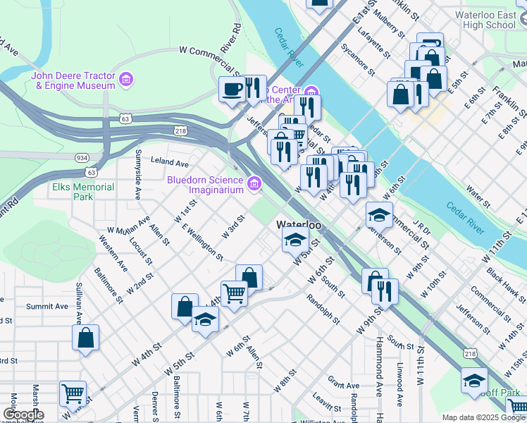 map of restaurants, bars, coffee shops, grocery stores, and more near 498 Washington Street in Waterloo