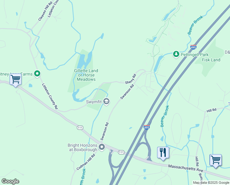 map of restaurants, bars, coffee shops, grocery stores, and more near 188 Swanson Road in Boxborough