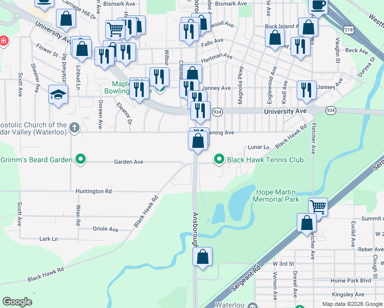 map of restaurants, bars, coffee shops, grocery stores, and more near in Waterloo