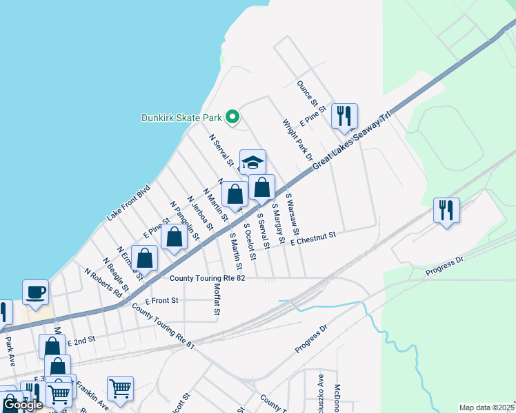 map of restaurants, bars, coffee shops, grocery stores, and more near N Serval St & Lake Shore Dr E in Dunkirk