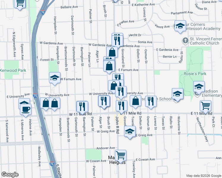 map of restaurants, bars, coffee shops, grocery stores, and more near 27329 John R Road in Madison Heights