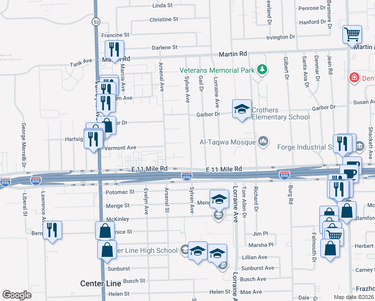 map of restaurants, bars, coffee shops, grocery stores, and more near 27155 Sylvan Avenue in Warren
