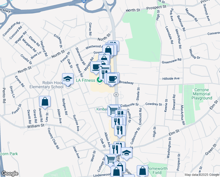 map of restaurants, bars, coffee shops, grocery stores, and more near 125 Main Street in Stoneham