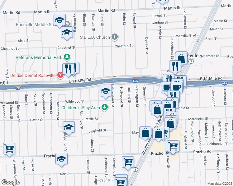 map of restaurants, bars, coffee shops, grocery stores, and more near 26744 Groveland Street in Roseville