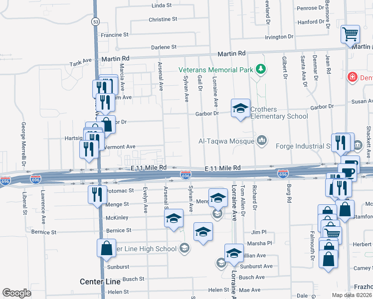 map of restaurants, bars, coffee shops, grocery stores, and more near 27155 Sylvan Avenue in Warren