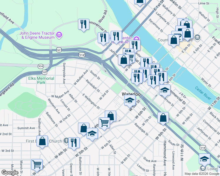 map of restaurants, bars, coffee shops, grocery stores, and more near 818 West 3rd Street in Cedar Falls