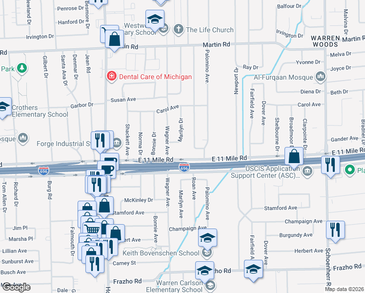 map of restaurants, bars, coffee shops, grocery stores, and more near 27254 Marilyn Drive in Warren