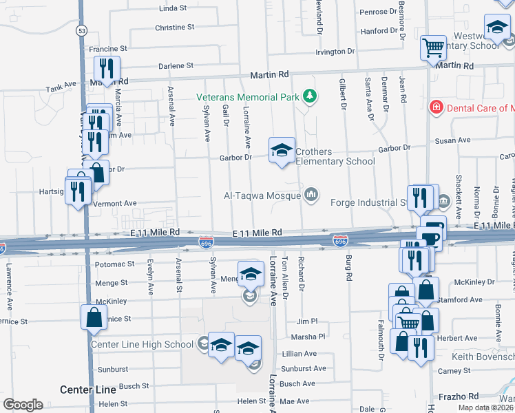 map of restaurants, bars, coffee shops, grocery stores, and more near 27118 Lorraine Avenue in Warren