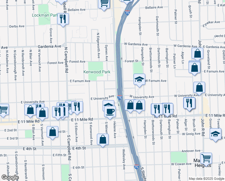 map of restaurants, bars, coffee shops, grocery stores, and more near 2226 Sprague Avenue in Royal Oak