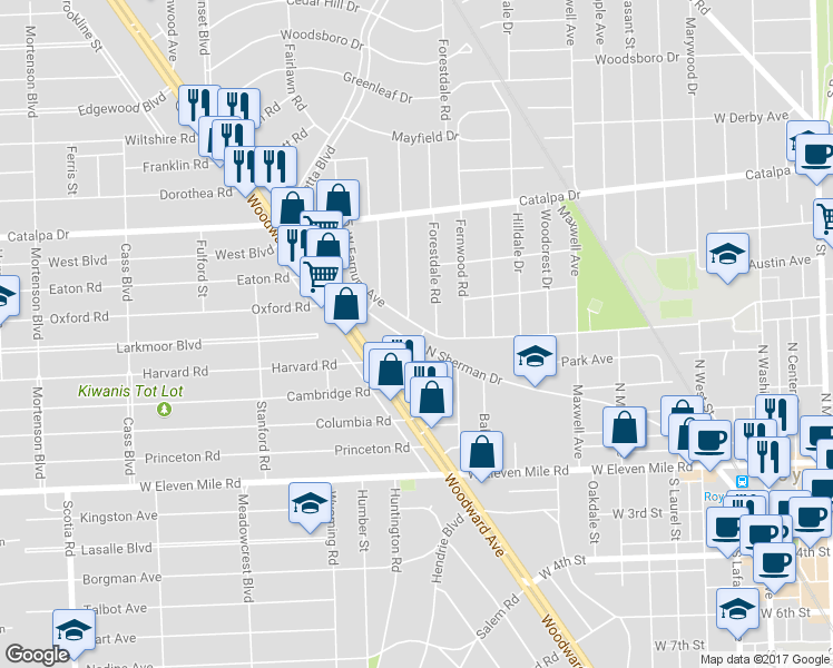 map of restaurants, bars, coffee shops, grocery stores, and more near 1415 West Farnum Avenue in Royal Oak