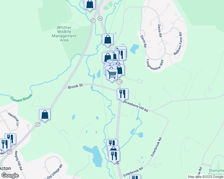 map of restaurants, bars, coffee shops, grocery stores, and more near 53 Brook Street in Acton