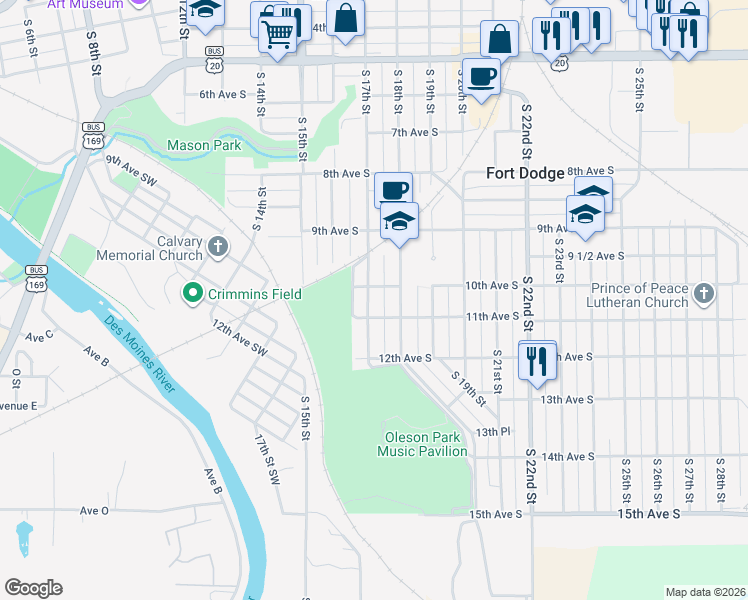 map of restaurants, bars, coffee shops, grocery stores, and more near 1007 South 17th Street in Fort Dodge
