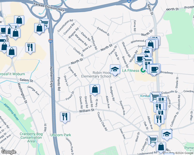 map of restaurants, bars, coffee shops, grocery stores, and more near 68 Forest Street in Stoneham