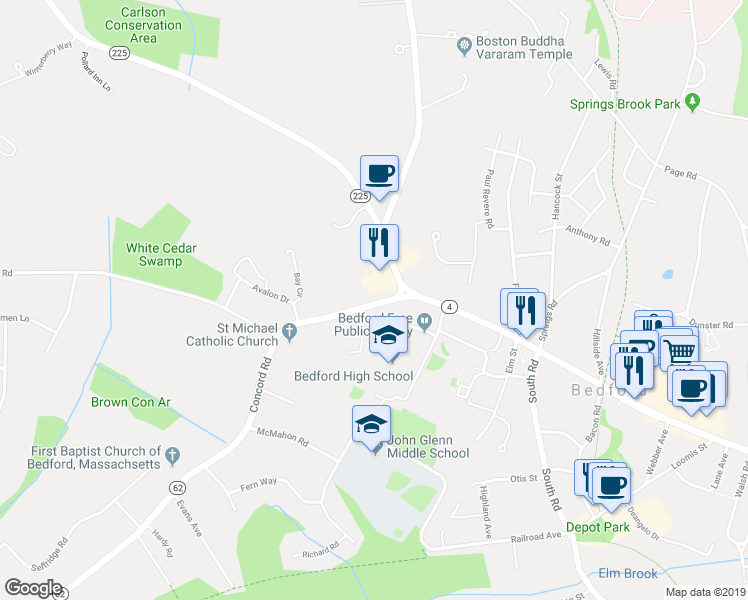 map of restaurants, bars, coffee shops, grocery stores, and more near 23 Concord Road in Bedford