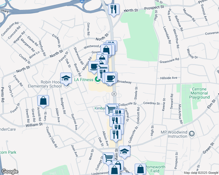 map of restaurants, bars, coffee shops, grocery stores, and more near 125 Main Street in Stoneham