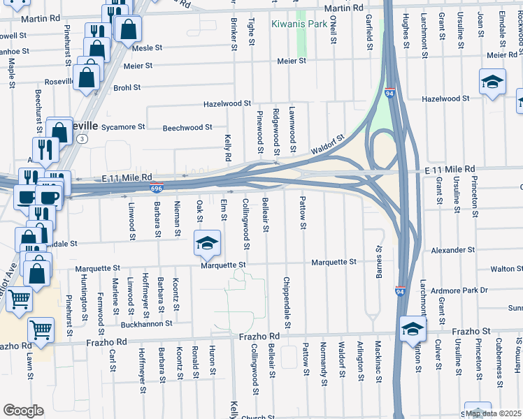 map of restaurants, bars, coffee shops, grocery stores, and more near 26701 Belleair Street in Roseville
