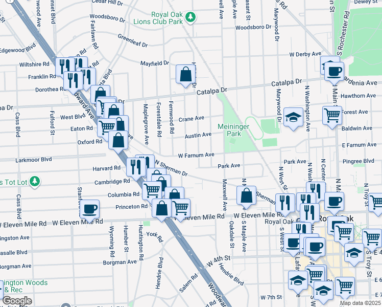 map of restaurants, bars, coffee shops, grocery stores, and more near 600 Lockwood Rd in Royal Oak