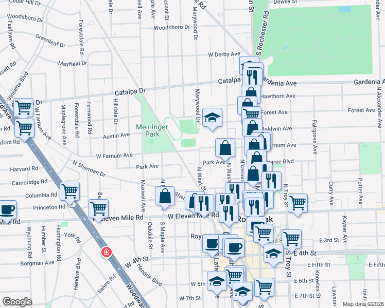 map of restaurants, bars, coffee shops, grocery stores, and more near 501 West Farnum Avenue in Royal Oak