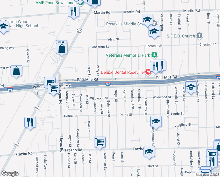 map of restaurants, bars, coffee shops, grocery stores, and more near 26760 Belanger Street in Roseville