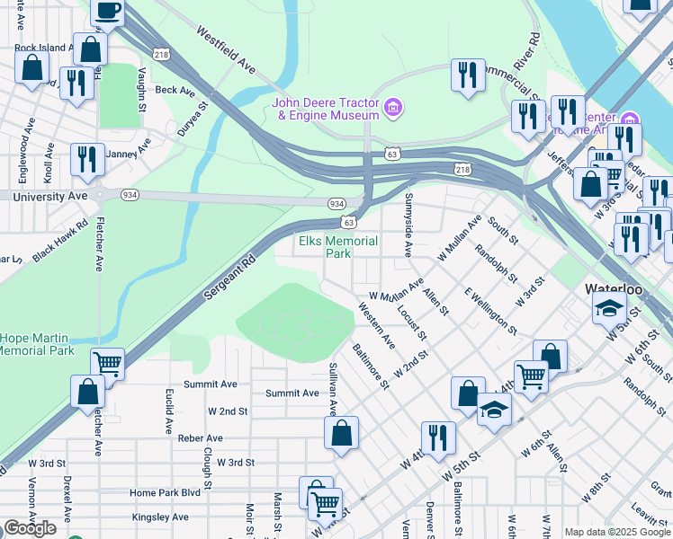 map of restaurants, bars, coffee shops, grocery stores, and more near 210 Norimer Street in Waterloo