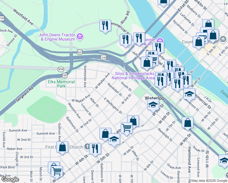 map of restaurants, bars, coffee shops, grocery stores, and more near 711 West 1st Street in Waterloo