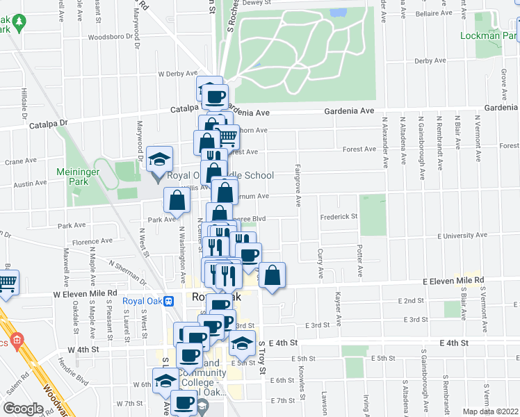 map of restaurants, bars, coffee shops, grocery stores, and more near 508 North Troy Street in Royal Oak