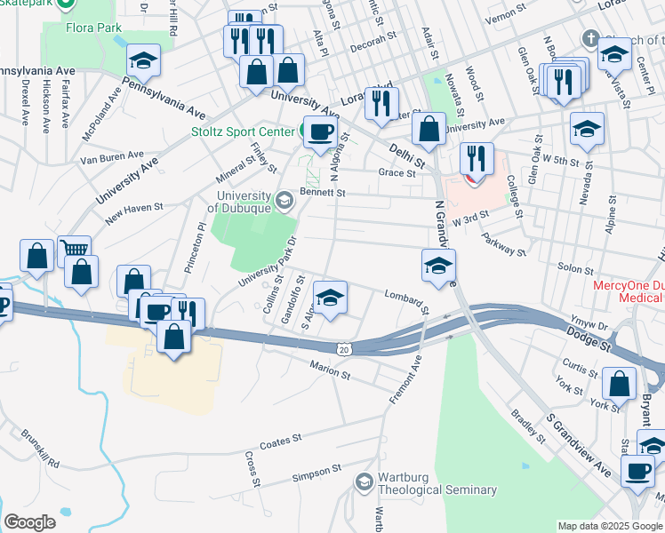 map of restaurants, bars, coffee shops, grocery stores, and more near 60 North Algona Street in Dubuque