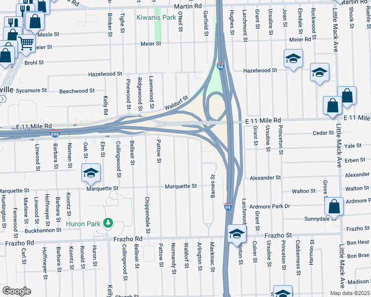 map of restaurants, bars, coffee shops, grocery stores, and more near 26775 Waldorf Street in Roseville