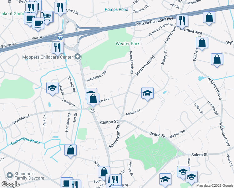 map of restaurants, bars, coffee shops, grocery stores, and more near 32 Eaton Avenue in Woburn