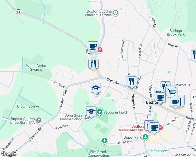 map of restaurants, bars, coffee shops, grocery stores, and more near 1 North Road in Bedford