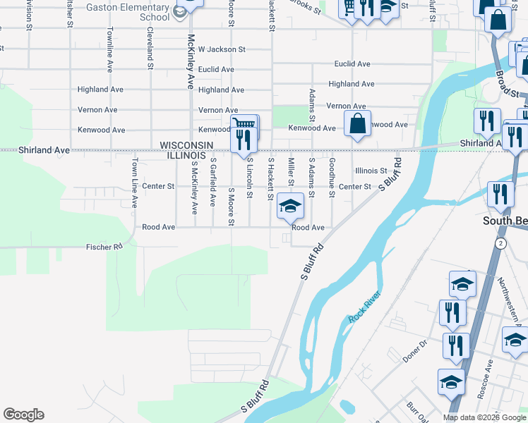 map of restaurants, bars, coffee shops, grocery stores, and more near 230 South Hackett Street in South Beloit