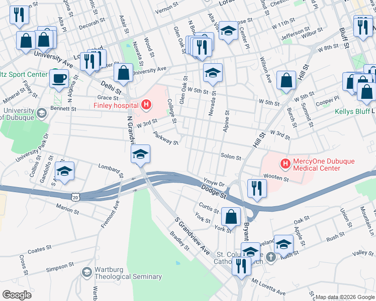 map of restaurants, bars, coffee shops, grocery stores, and more near 86-98 North Booth Street in Dubuque