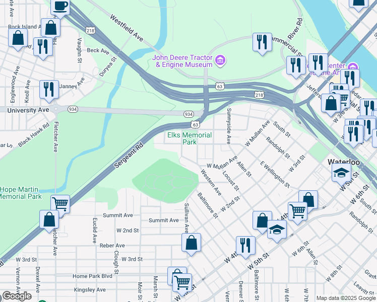 map of restaurants, bars, coffee shops, grocery stores, and more near 210 Norimer Street in Waterloo