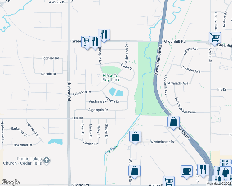 map of restaurants, bars, coffee shops, grocery stores, and more near 4825 Algonquin Drive in Cedar Falls