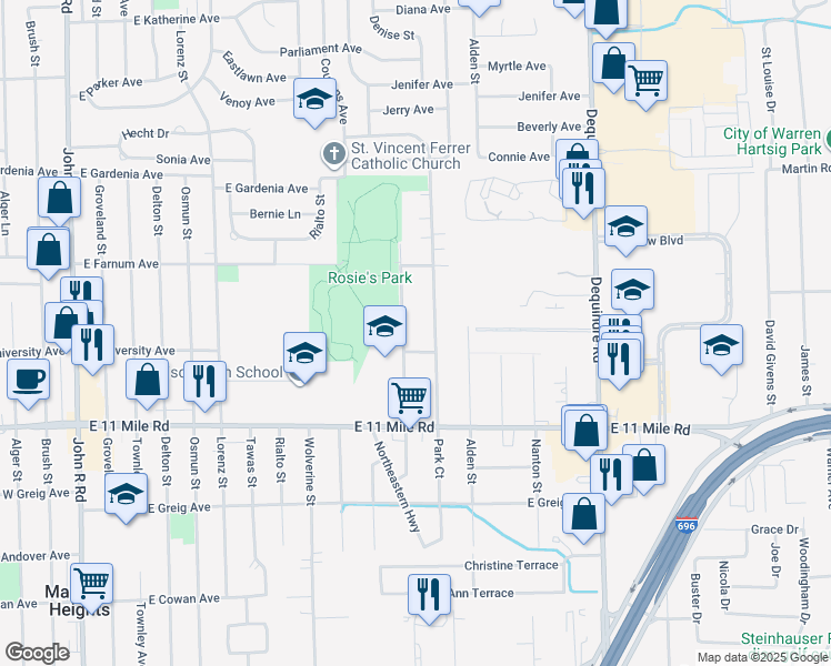 map of restaurants, bars, coffee shops, grocery stores, and more near 27334 Hales Street in Madison Heights
