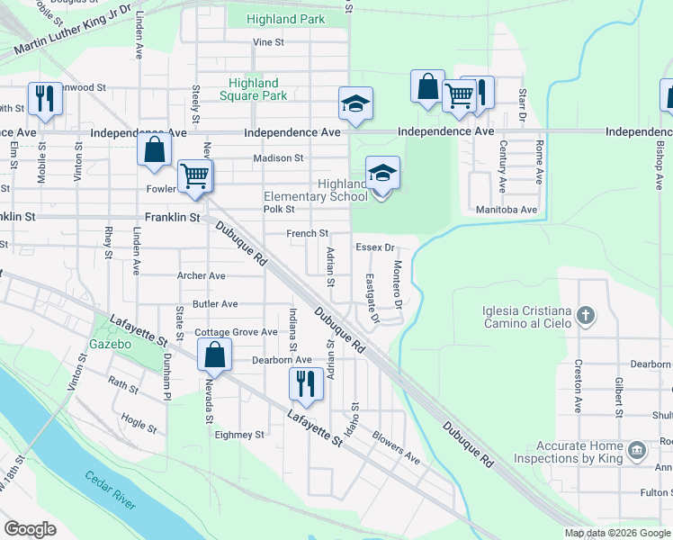 map of restaurants, bars, coffee shops, grocery stores, and more near 902 Adrian Street in Waterloo