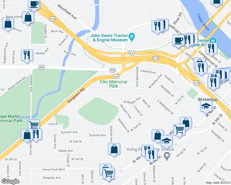 map of restaurants, bars, coffee shops, grocery stores, and more near 412 Belmont Avenue in Waterloo