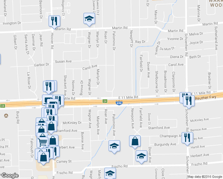 map of restaurants, bars, coffee shops, grocery stores, and more near 27221 Palomino Drive in Warren