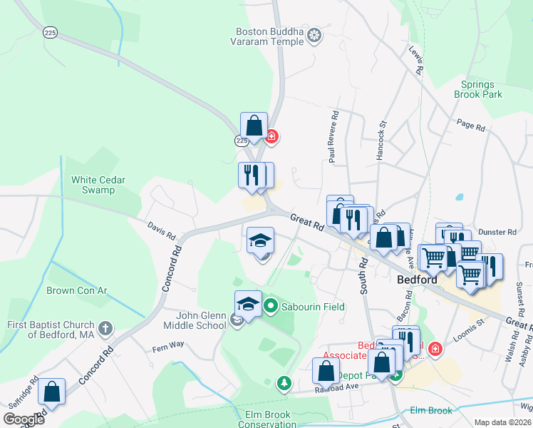 map of restaurants, bars, coffee shops, grocery stores, and more near 1 North Road in Bedford