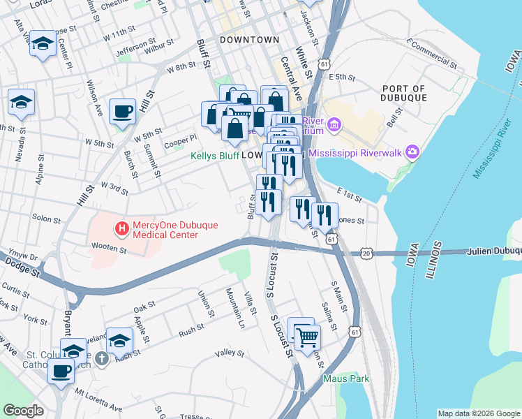 map of restaurants, bars, coffee shops, grocery stores, and more near 320 Jones Street in Dubuque