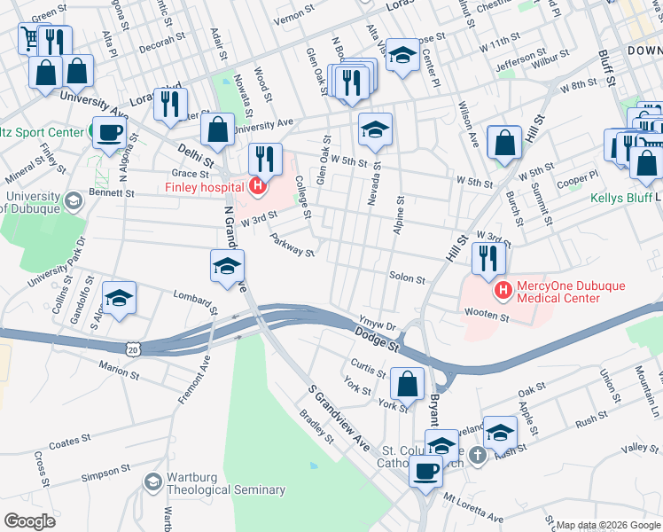map of restaurants, bars, coffee shops, grocery stores, and more near 86-98 North Booth Street in Dubuque