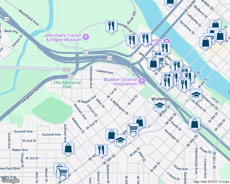 map of restaurants, bars, coffee shops, grocery stores, and more near 711 West 1st Street in Waterloo