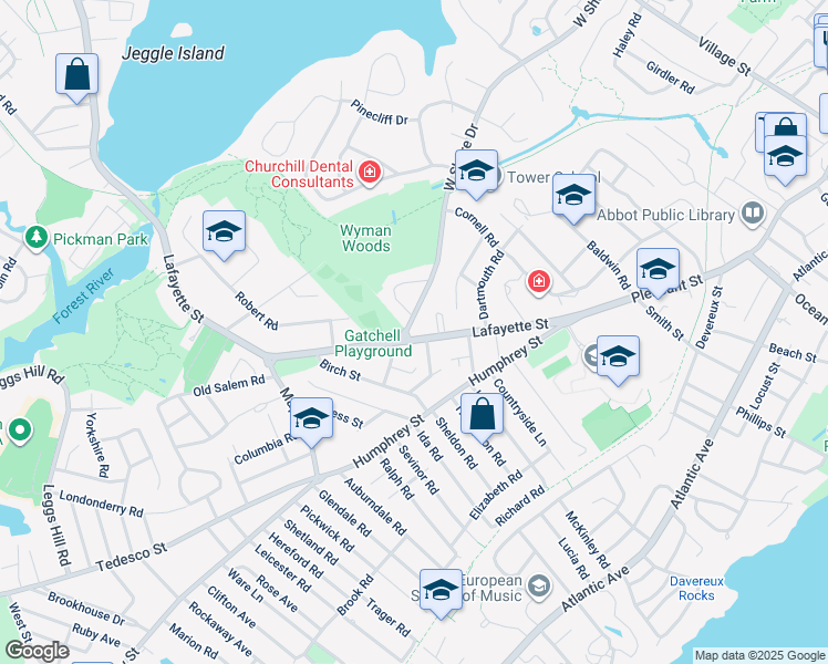 map of restaurants, bars, coffee shops, grocery stores, and more near 1 West Shore Drive in Marblehead