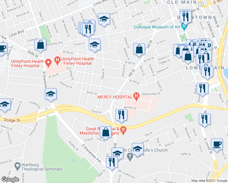 map of restaurants, bars, coffee shops, grocery stores, and more near 1090 Langworthy St in Dubuque