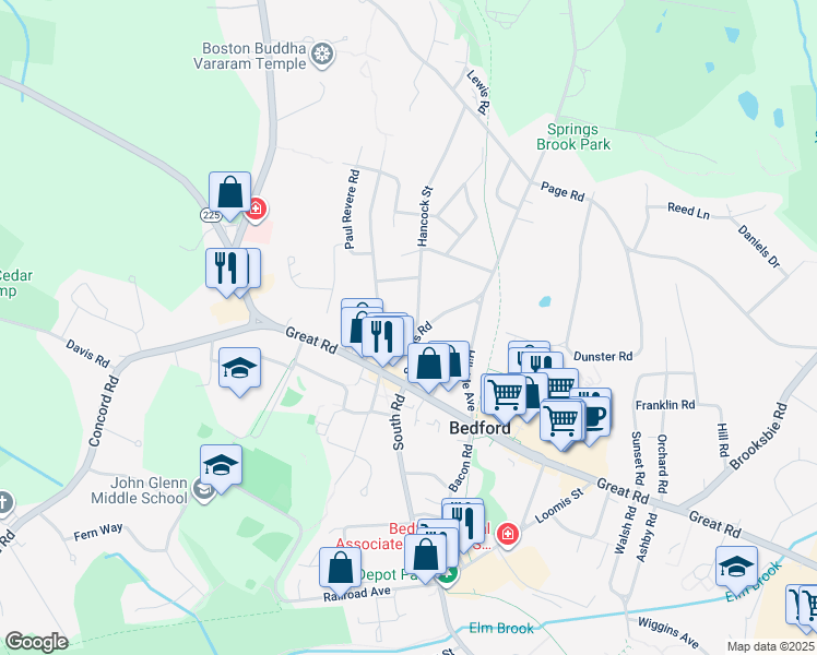 map of restaurants, bars, coffee shops, grocery stores, and more near 6 Hancock Street in Bedford